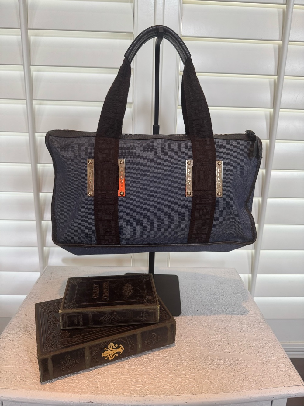 Fendi Dark Blue Denim Canvas Duffel with Black Straps